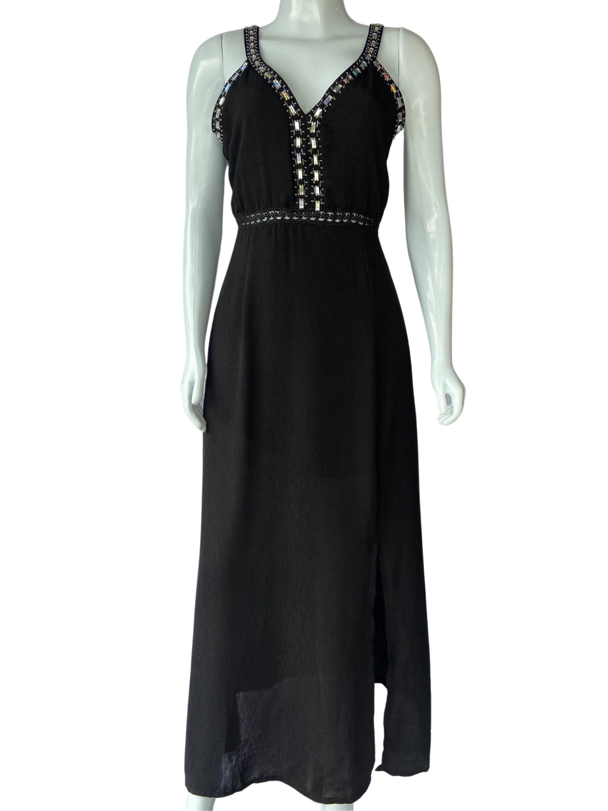 Vestido Longo Pedraria Preto tamanho P