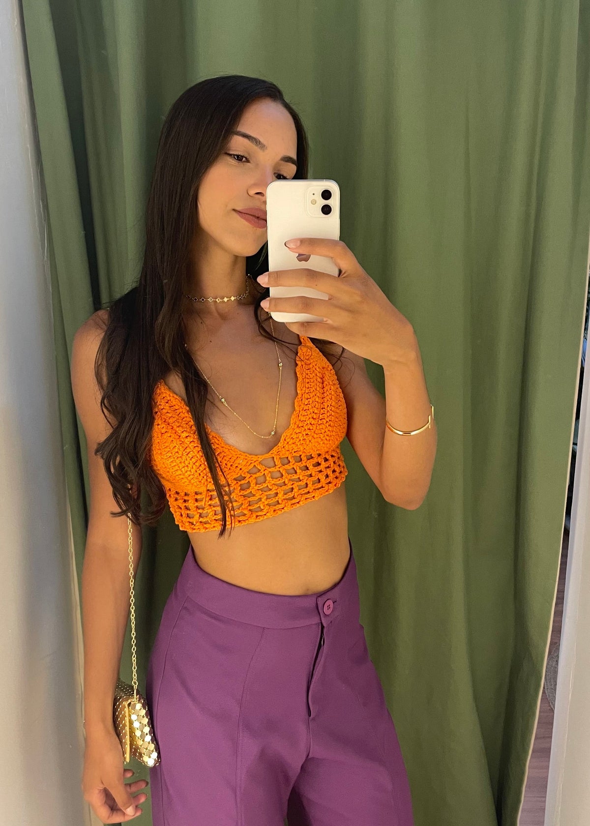Blusa Cropped Triangulo Croche Artesanal Laranja Tamanho M