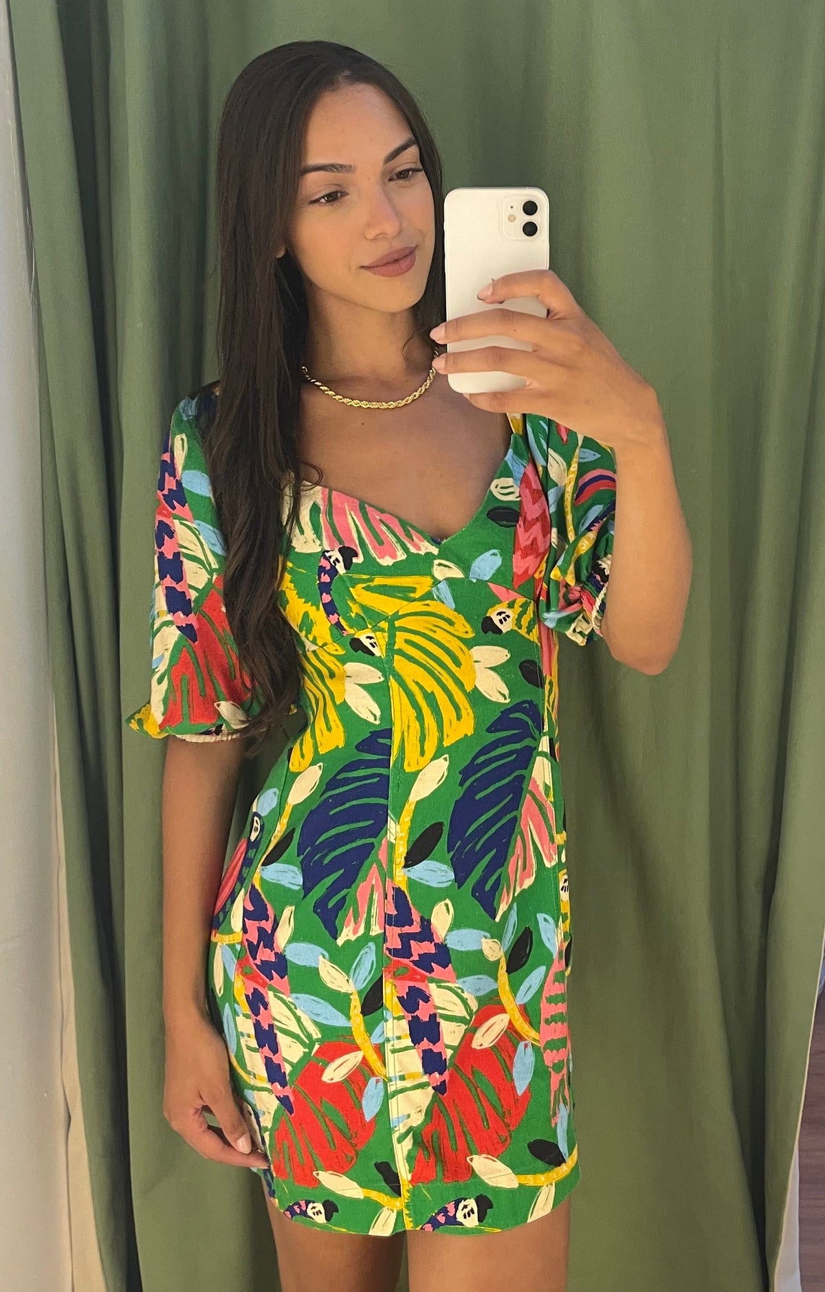 Vestido Farm Arara Manga Bufante Verde tamanho P