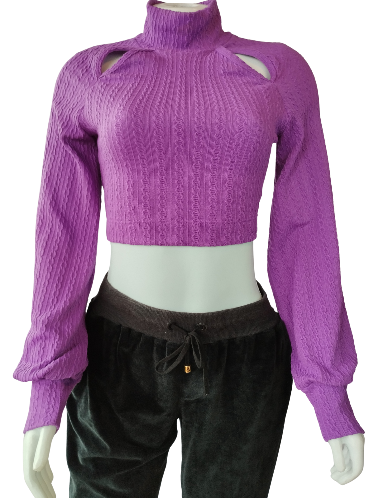 Blusa Cropped Ágatha Malha Tricot Recorte Ombro Roxo tamanho P