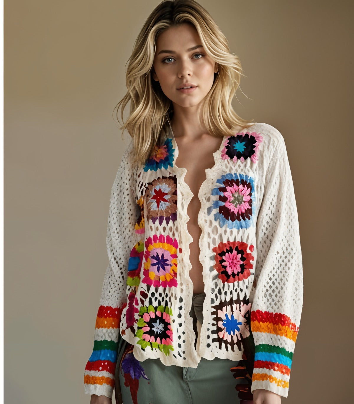 Casaco Crochê Square Colorido Bege tamanho M