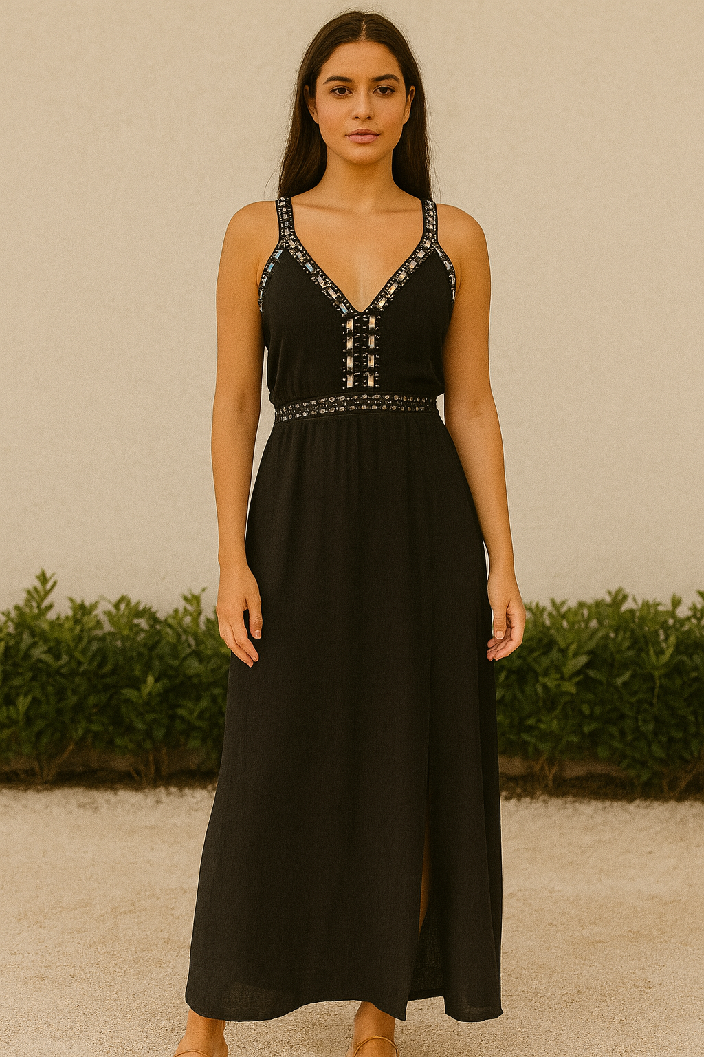 Vestido Longo Pedraria Preto tamanho P