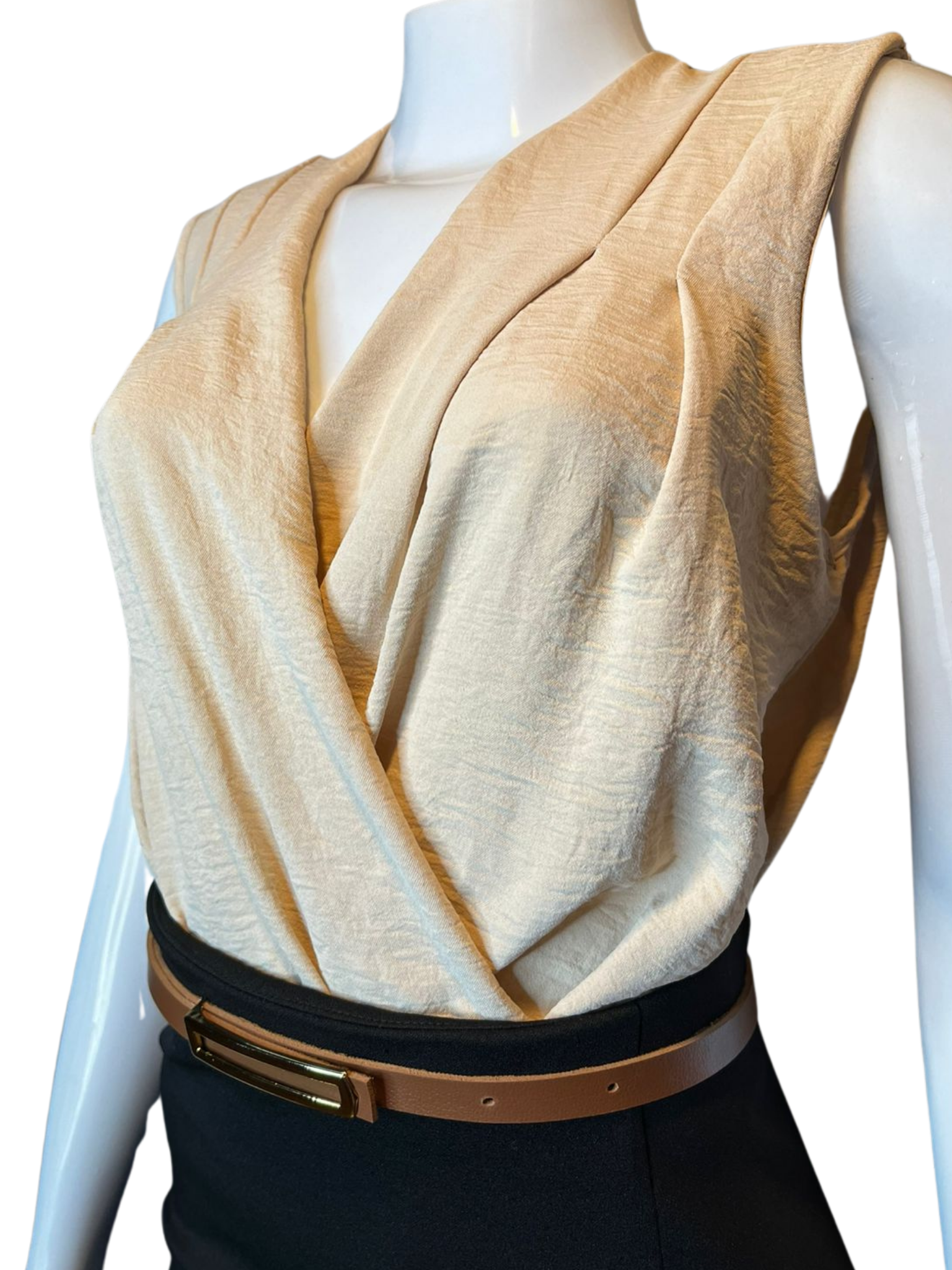 Blusa Cropped Transpassada Elástico Cintura Bege tamanho M