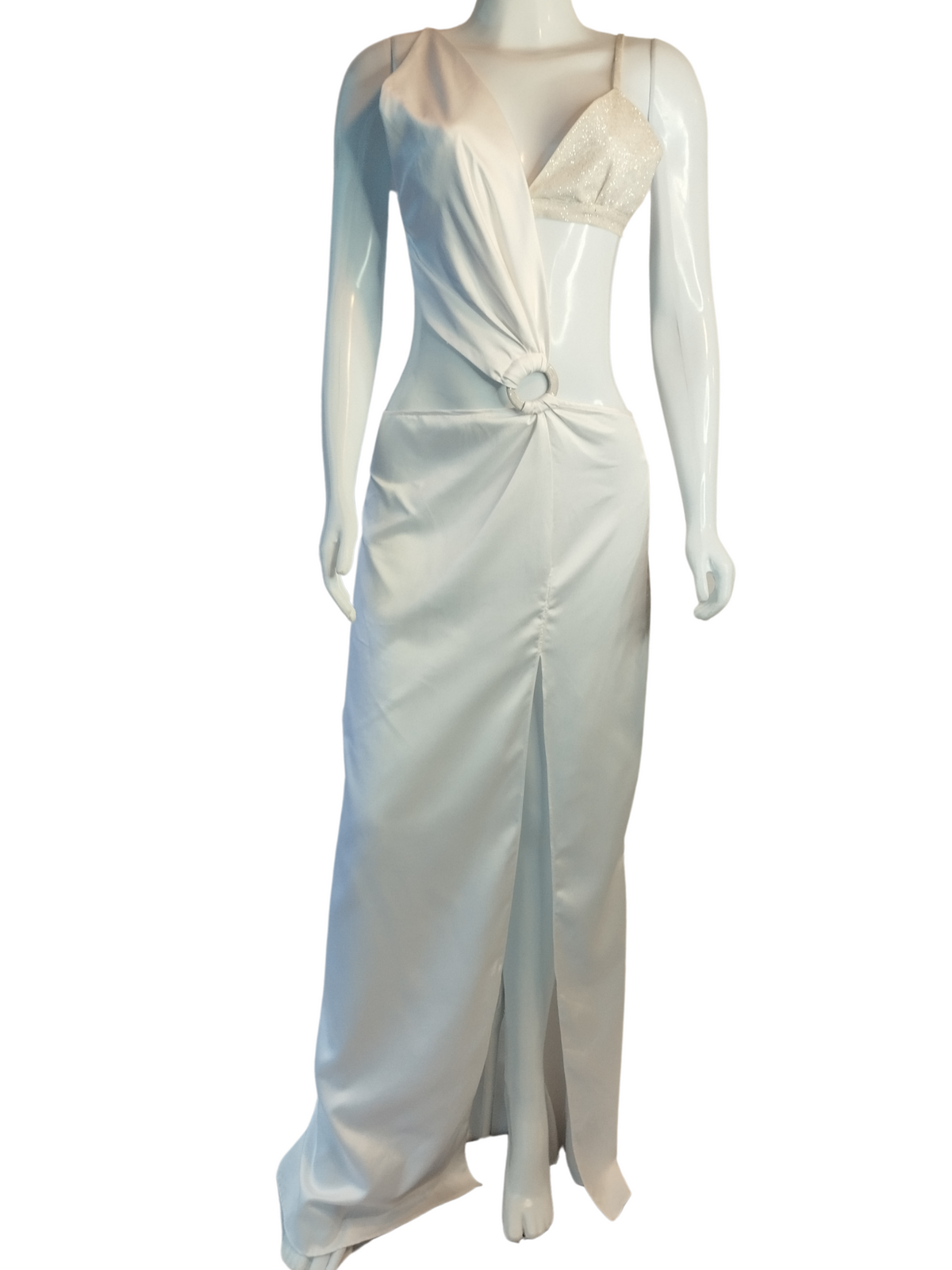 Vestido Acetinado Recortes Busto Branco e Prata tamanho M