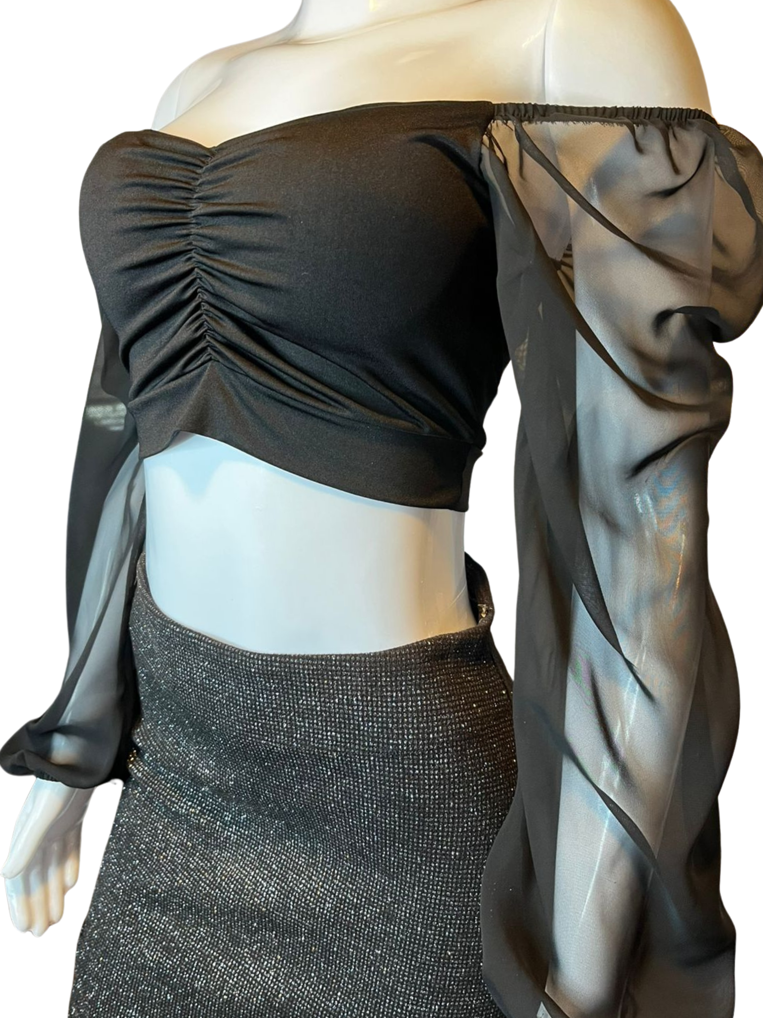 Blusa Cropped Manga Longa Drapeado Busto Preto tamanho M