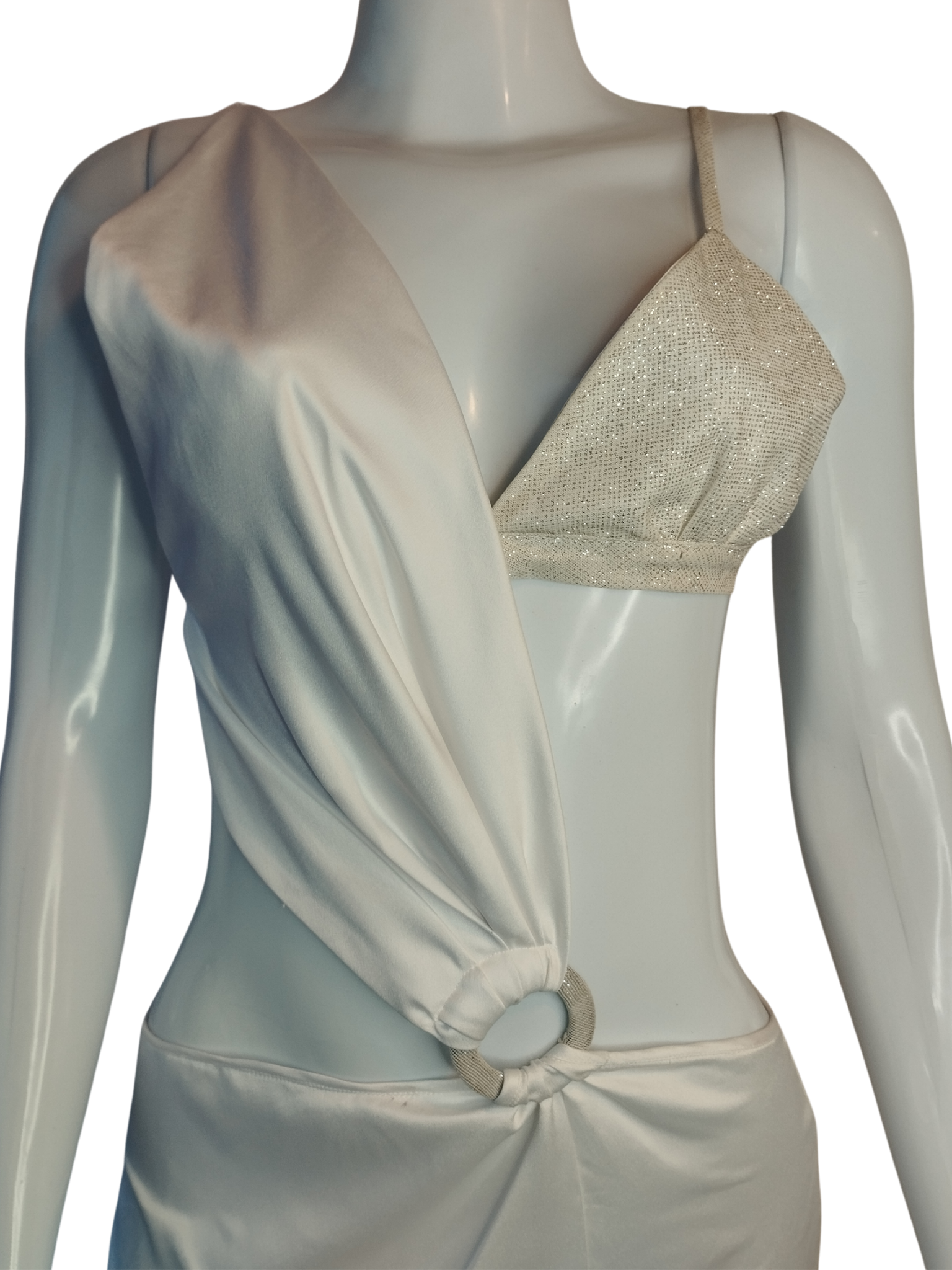 Vestido Acetinado Recortes Busto Branco e Prata tamanho M