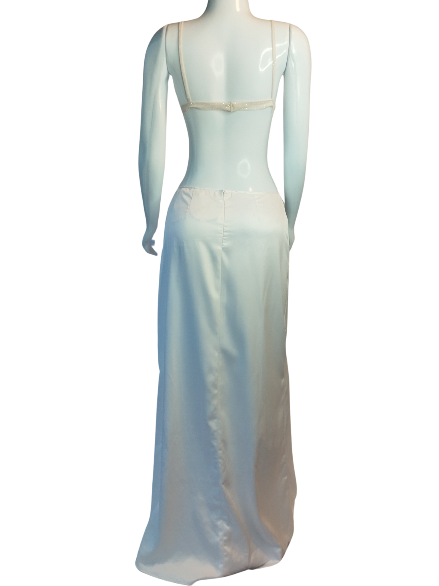 Vestido Acetinado Recortes Busto Branco e Prata tamanho M