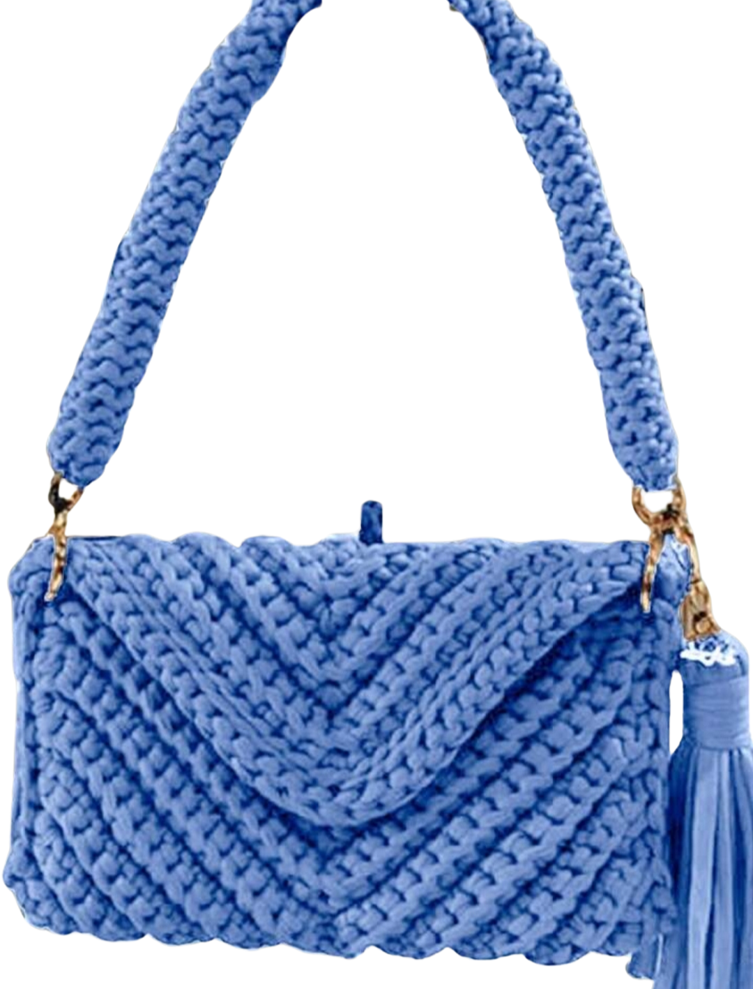 Bolsa de Mão Artesanal Crochê com Corrente Adicional Dourada Azul Bebê