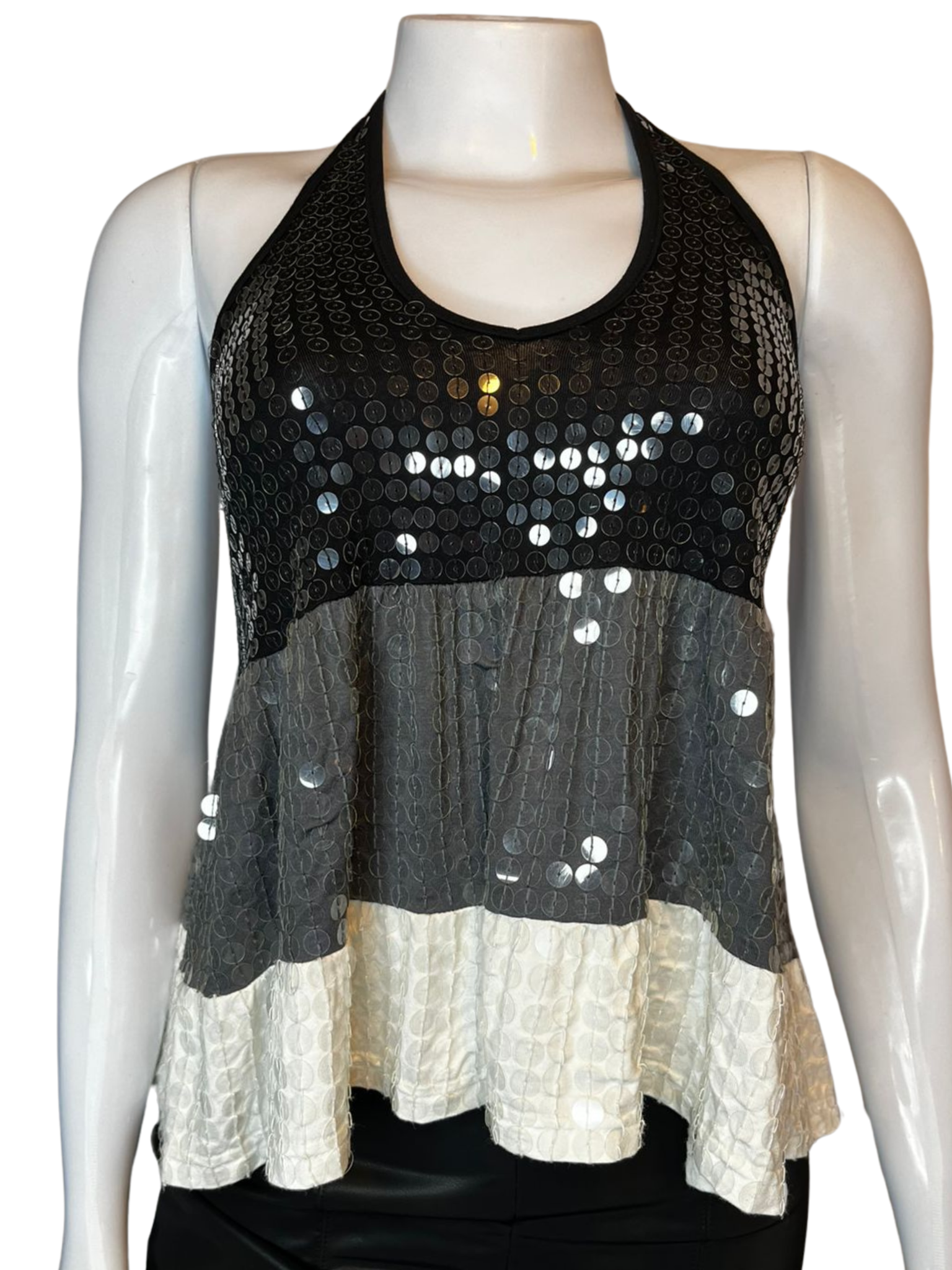 Blusa Frente Única Paetê Preto Branco e Cinza tamanho M