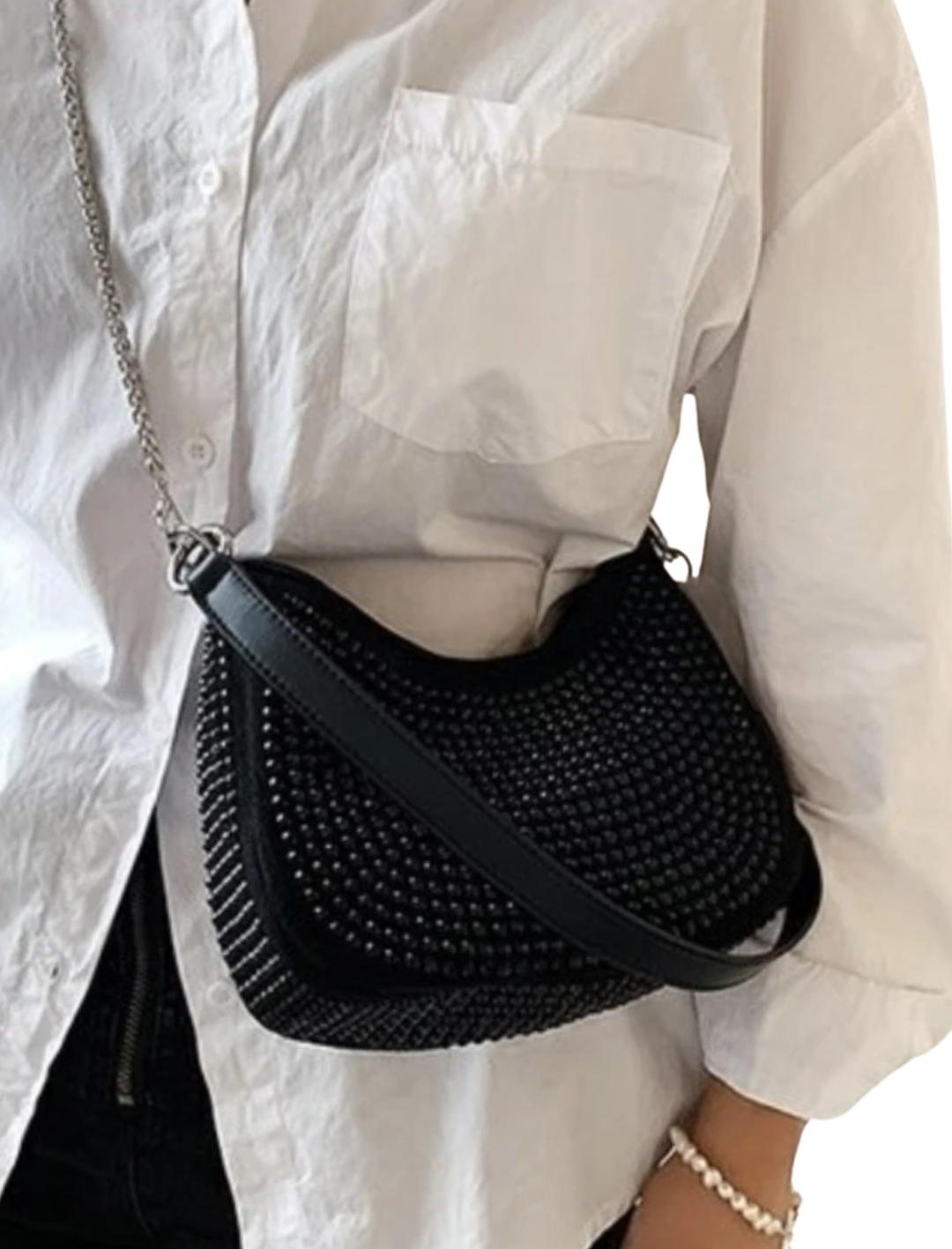 Bolsa Tiracolo Tachas com Corrente Prata Preto