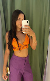 Blusa Cropped Triangulo Croche Artesanal Laranja Tamanho M