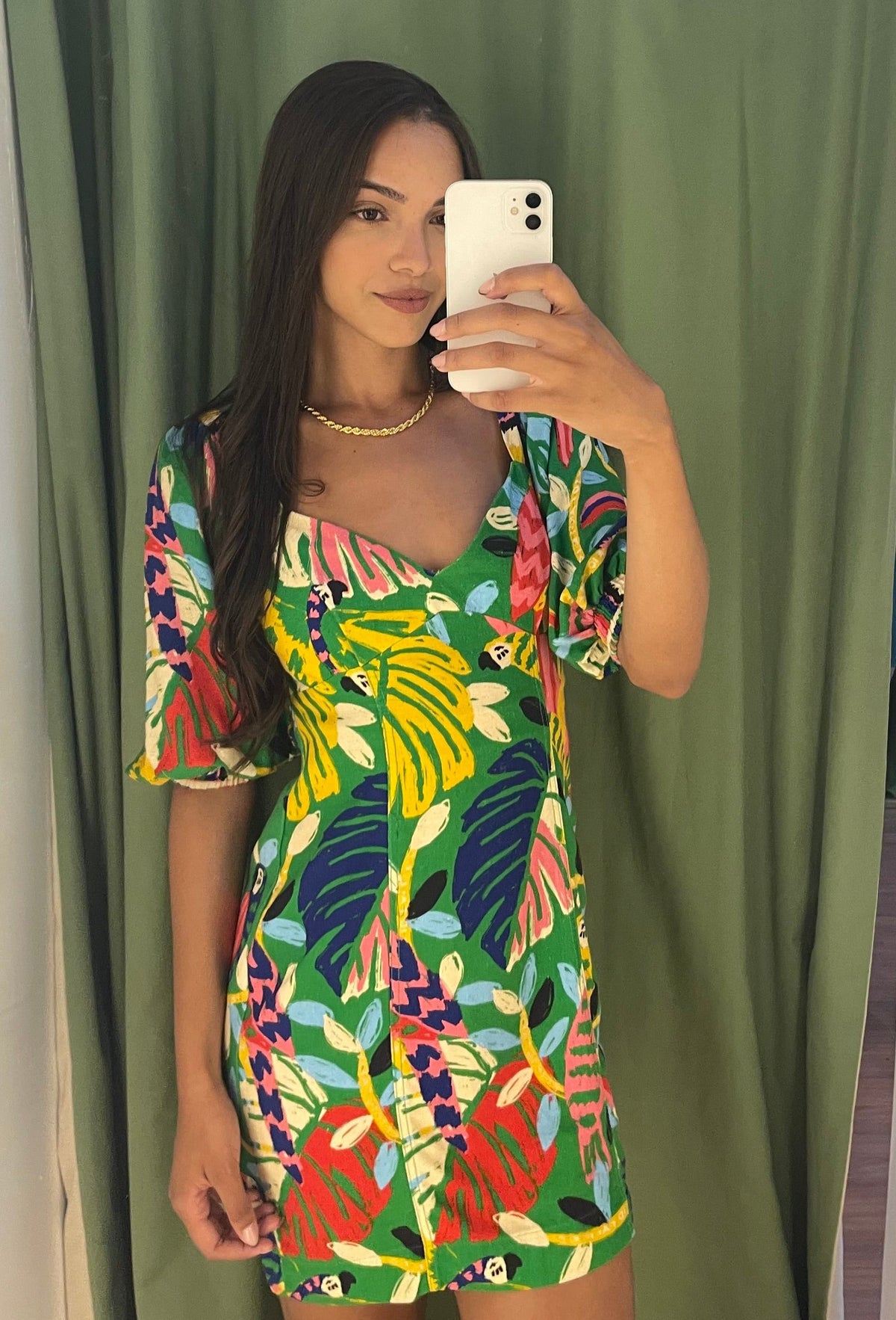 Vestido Farm Arara Manga Bufante Verde tamanho P