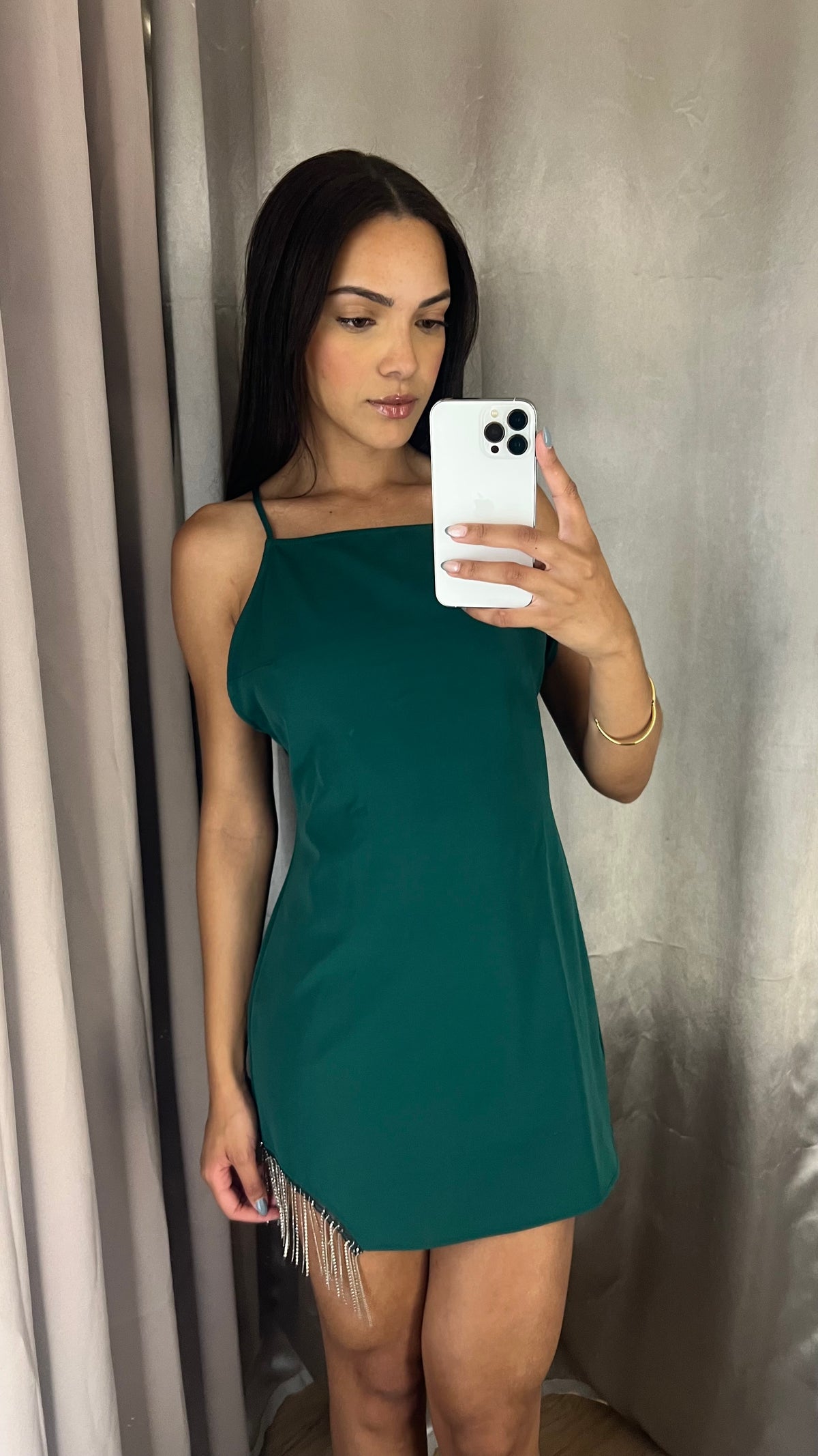 Vestido Curto Franjas Strass Verde Tamanho M