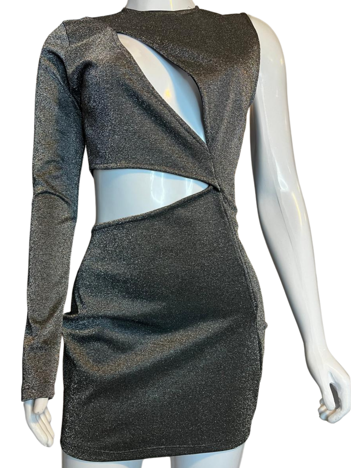 Vestido Manga Única Recortes Brilho Prata tamanho M