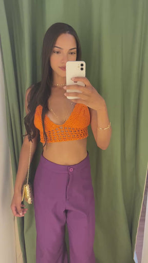 Blusa Cropped Triangulo Croche Artesanal Laranja Tamanho M