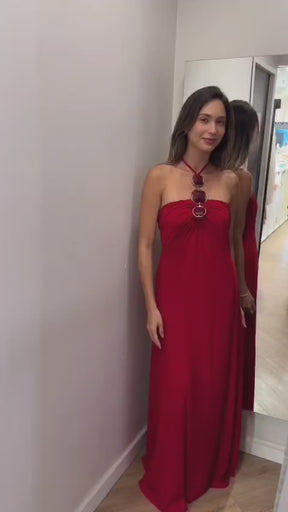 Vestido Longo Pedras Busto Vermelho Tam M
