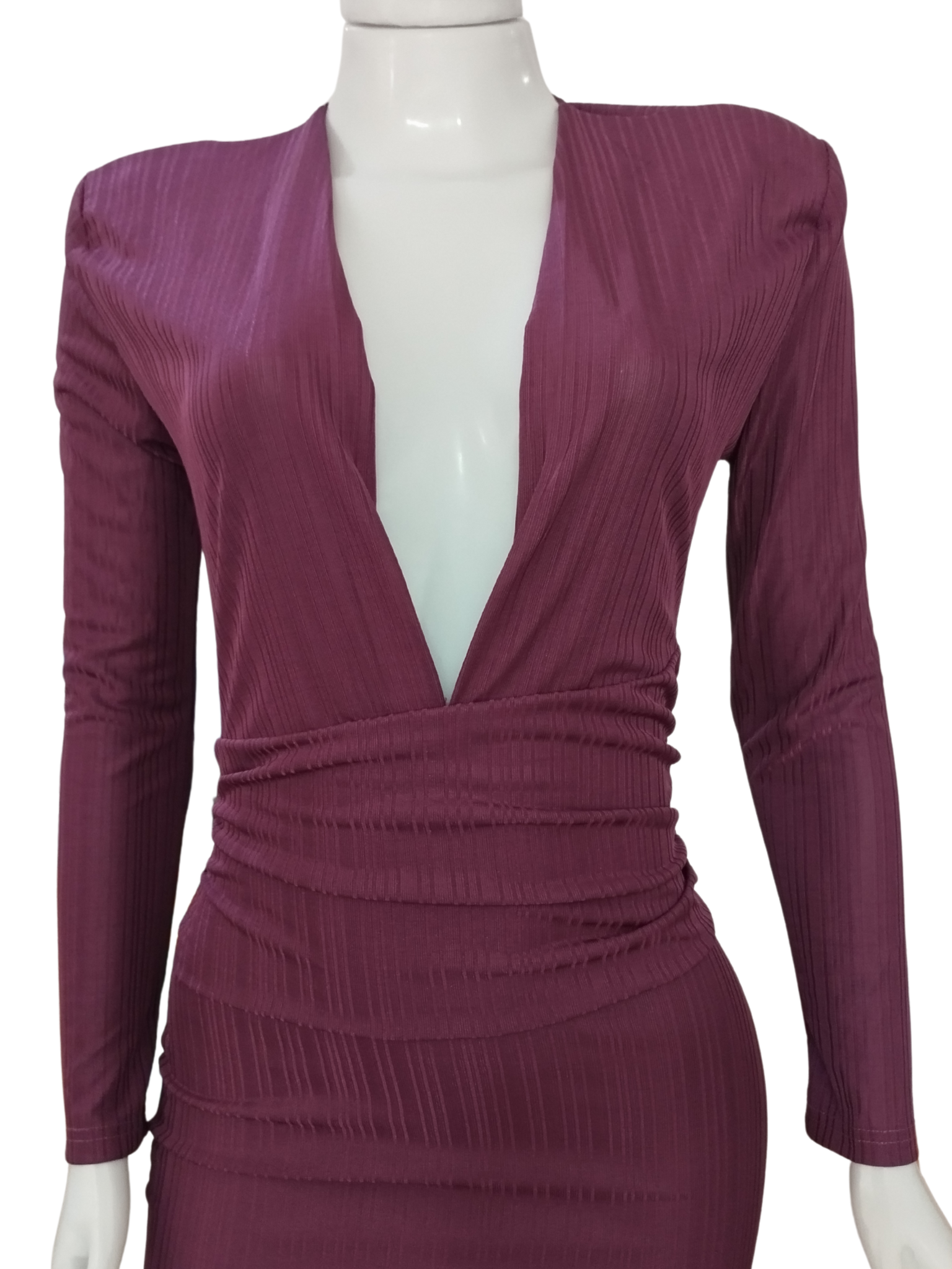 Vestido Midi Canelado Decote V Roxo tamanho M