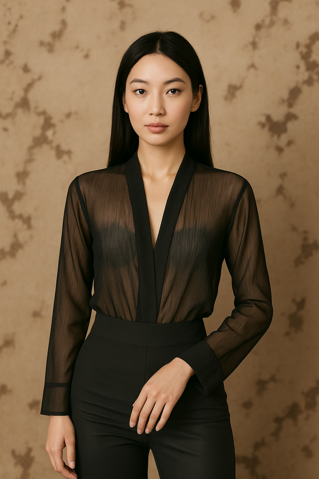 Body Manga Longa Transparente Preto tamanho M