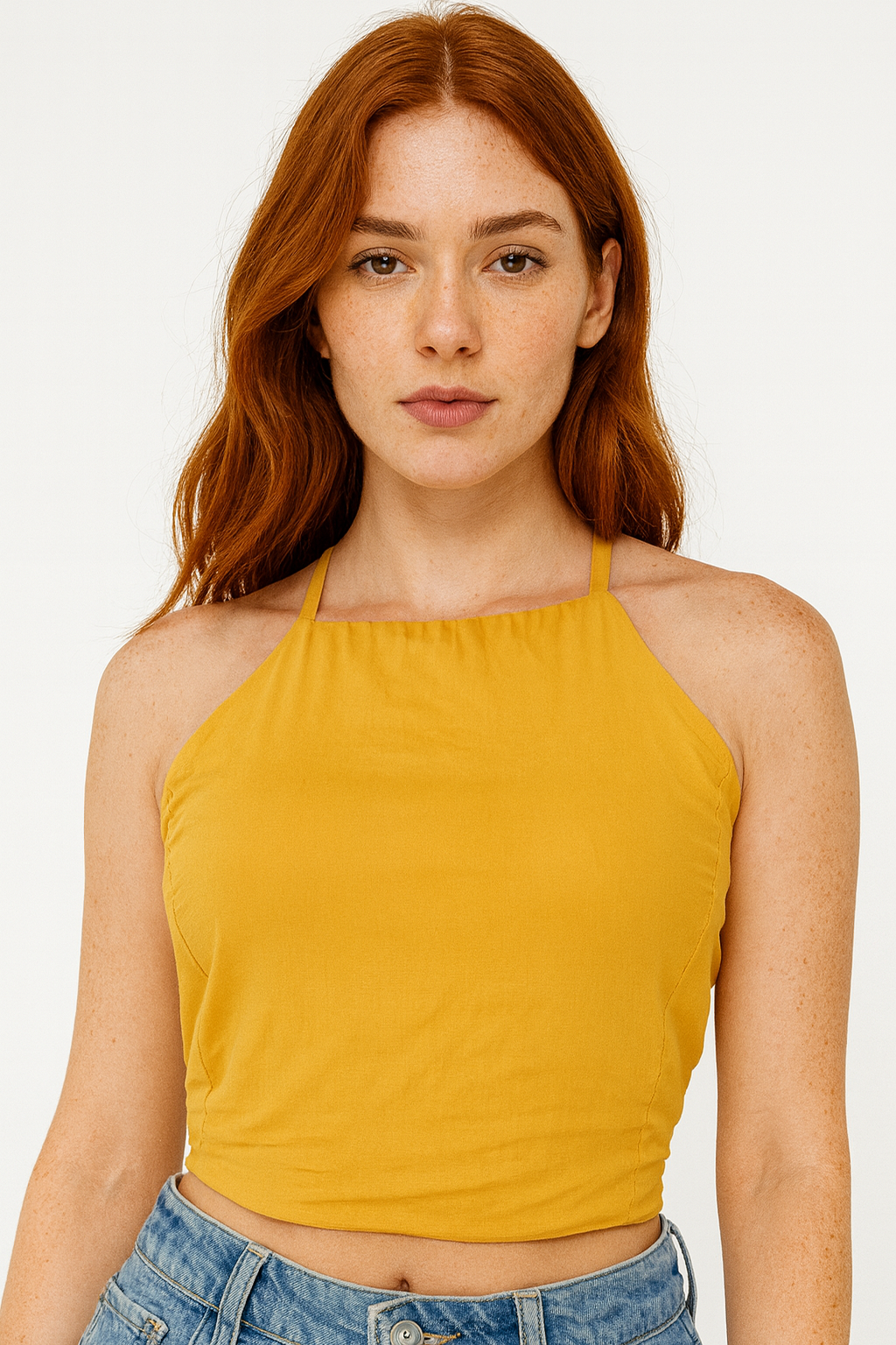 Blusa Cropped Frente Única Mostarda tamanho P