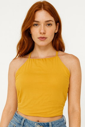 Blusa Cropped Frente Única Mostarda tamanho P