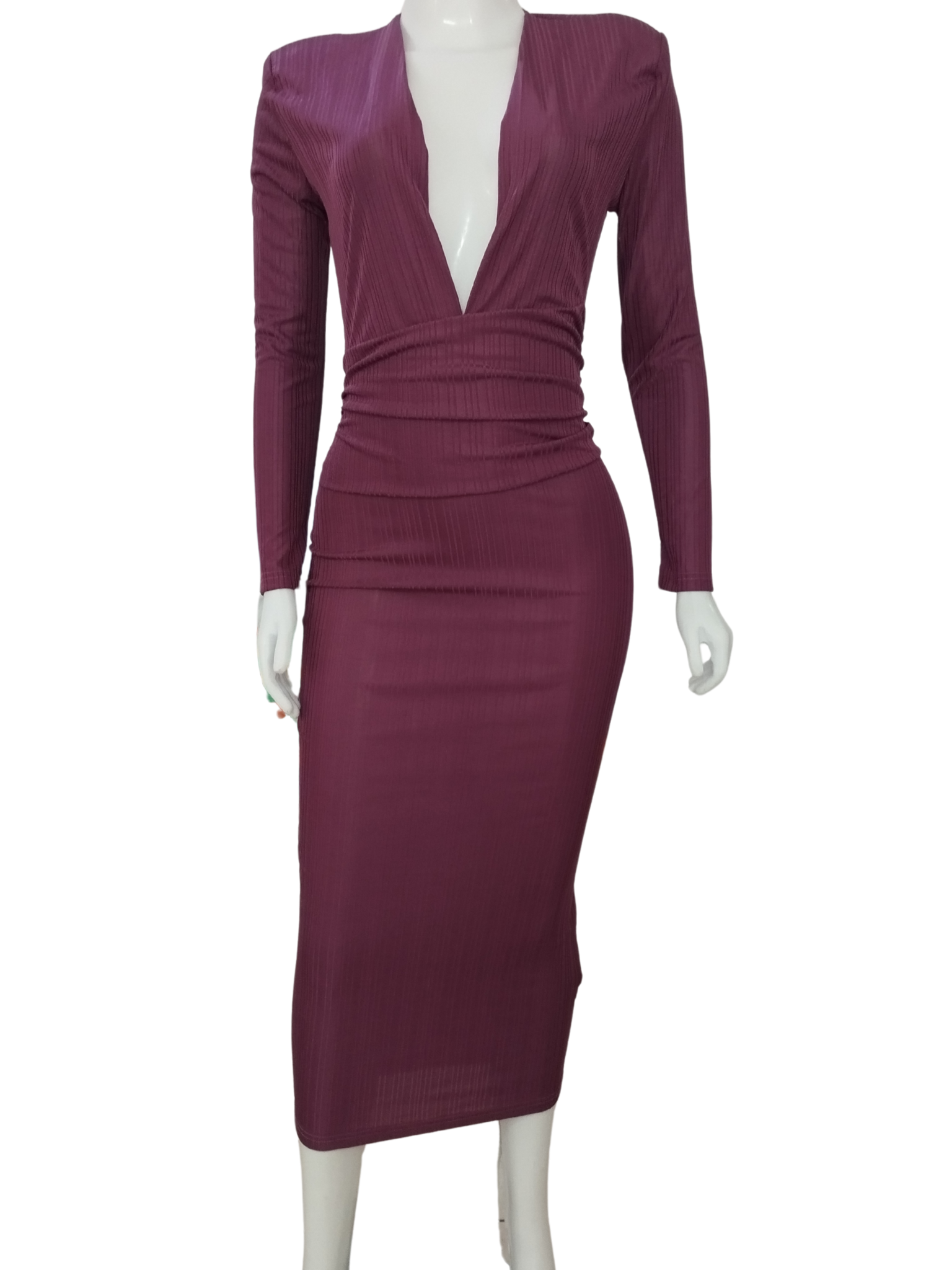Vestido Midi Canelado Decote V Roxo tamanho M